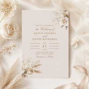 Faire-part de mariage aux roses blanches beige rus