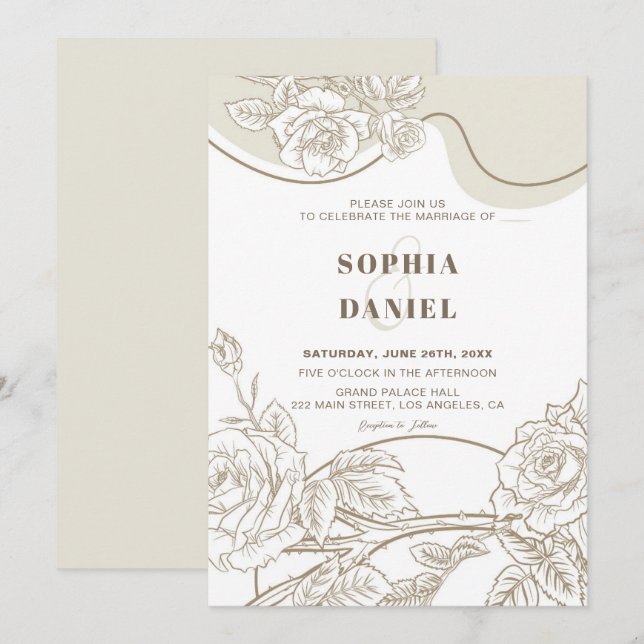 Faire-part de mariage aux roses blanches et beige (Devant / Derrière)