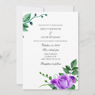 Faire-part de mariage aux roses violettes. Invitat