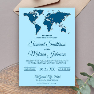 Faire-part de mariage avec carte du monde bleue mo