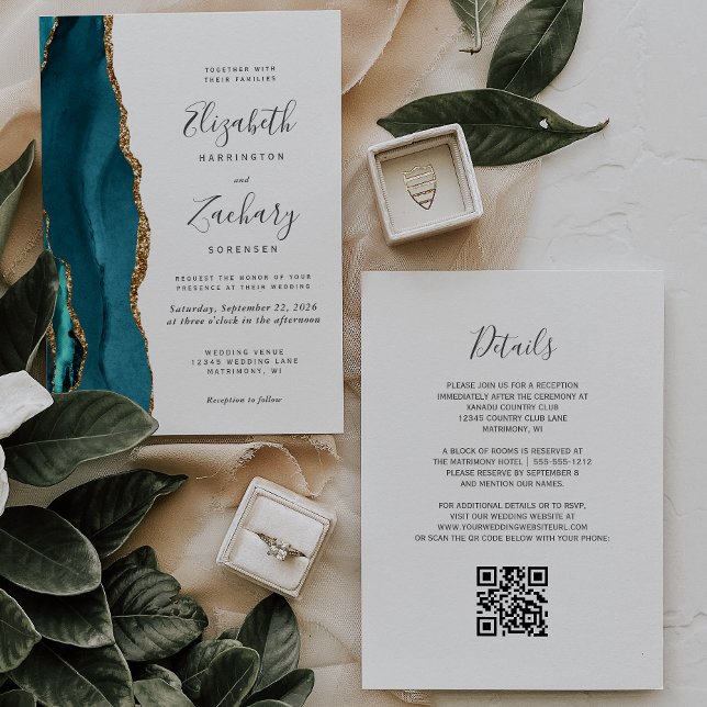 Faire-part de mariage avec code QR en agate dorée  (Créateur téléchargé)