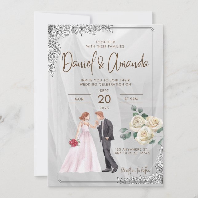 faire-part de mariage avec deux graphismes et rose (Devant)
