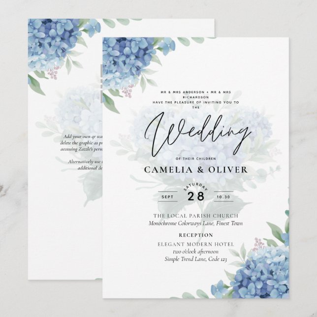 Faire-part de mariage avec photo de l'hortensia bl (Devant / Derrière)