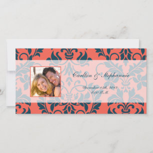 Faire-part de mariage avec photo en damassé marine