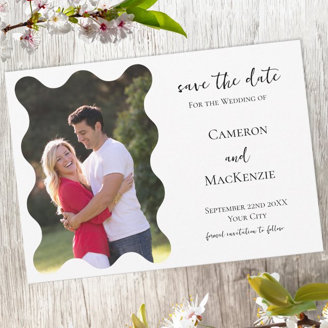 Faire-part de mariage avec photo ondulée moderne p (Modern wavy frame photo wedding save the date invitation announcement with custom text)
