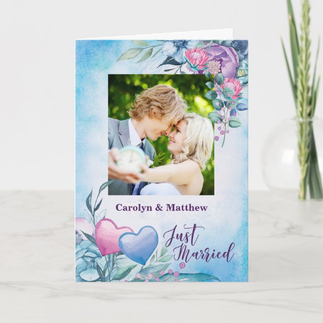 Faire-part de mariage avec photo violet et bleu (Devant)