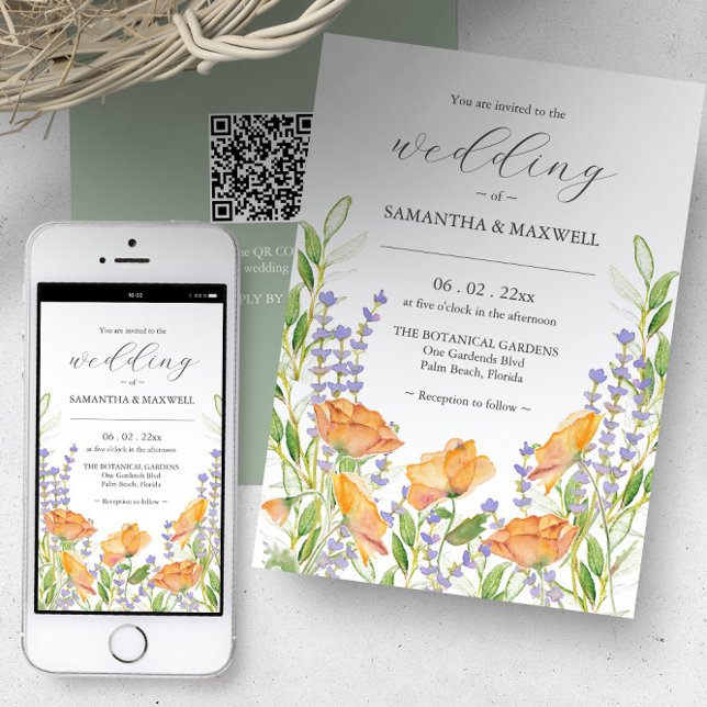 Faire-part de mariage avec QR Code Floral Unique (Orange floral fairytale wedding invitations with QR code. Unique watercolor art Victoria Grigaliunas)
