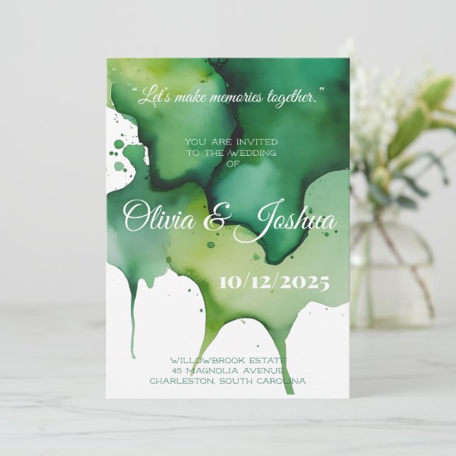 Faire-part de mariage avec tache d'aquarelle verte (Debout devant)