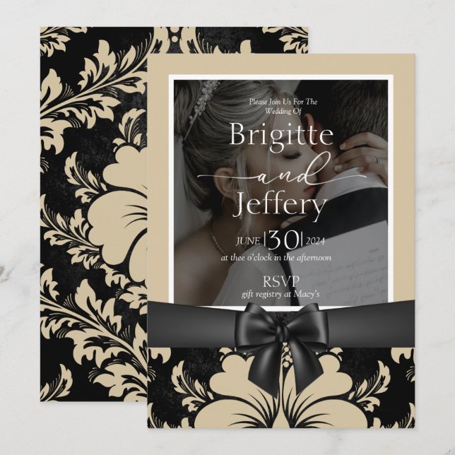 Faire-part de mariage beige et noir photo traditio (Devant / Derrière)