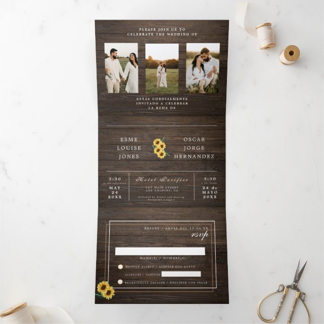 Faire-part de mariage bilingue - Photos rustiques (Intérieur)