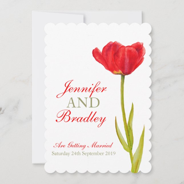 Faire-part de mariage blanc à tulipe rouge unique (Devant)