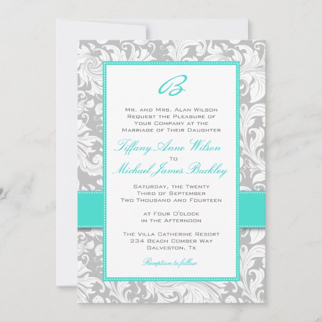 Faire-part de mariage blanc argenté de turquoise (Devant)