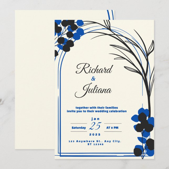 faire-part de mariage blanc avec fleurs bleues (Devant / Derrière)