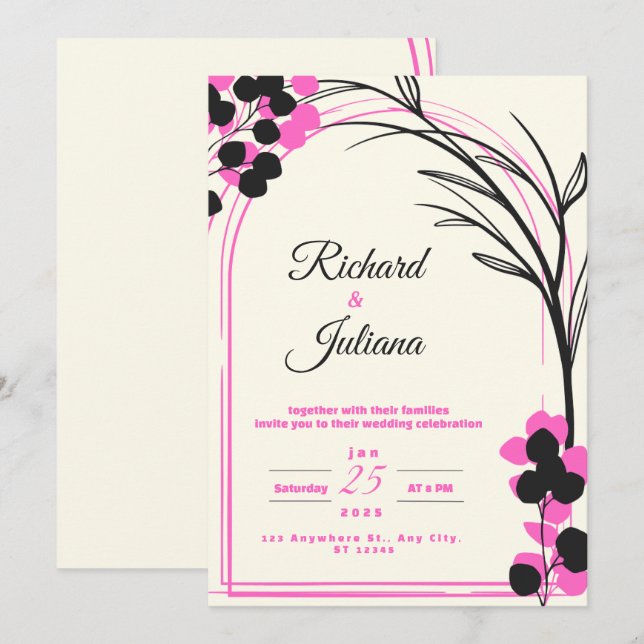faire-part de mariage blanc avec fleurs roses (Devant / Derrière)
