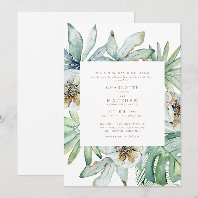 Faire-part de mariage blanc de feuillage tropical  (Devant / Derrière)