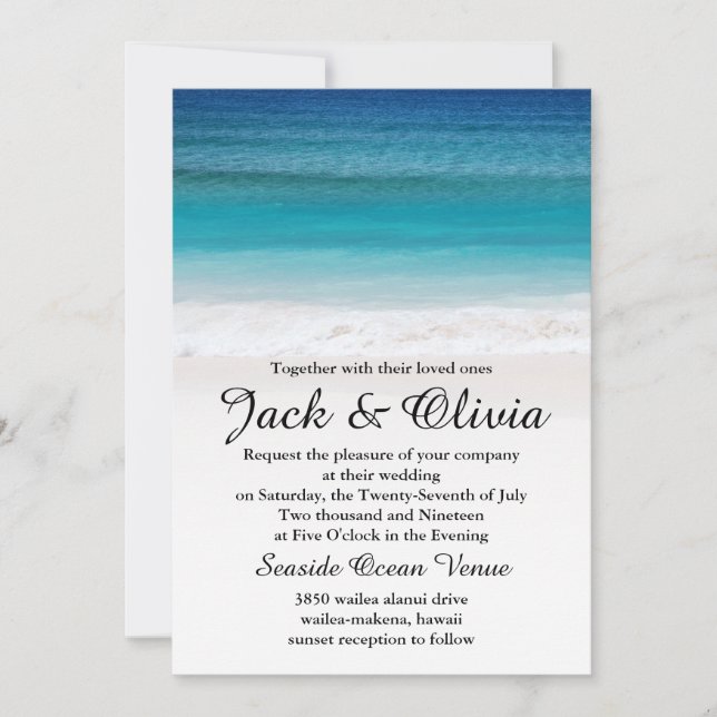 Faire-part de mariage blanc de plage d'océan de (Devant)