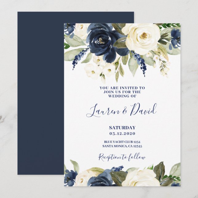 Faire-part de mariage blanc et marine (Devant / Derrière)