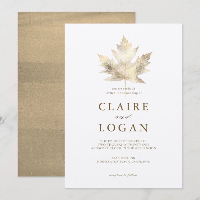 Faire-part de mariage blanc feuille d'érable or (Devant / Derrière)