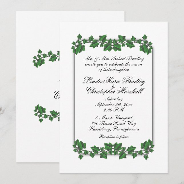 Faire-part de mariage blanc Feuille vert (Devant / Derrière)
