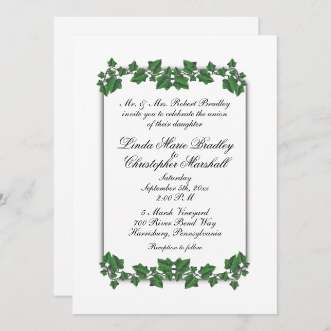 Faire-part de mariage blanc Feuille vert (Devant / Derrière)