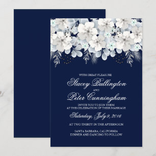 Faire-part de mariage blanc fleur sakura bleu mari