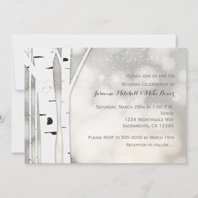 Faire-part de mariage blanc hivernal de Birch Rust (Devant)