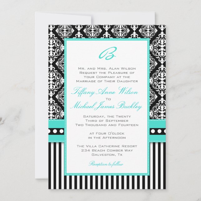 Faire-part de mariage blanc noir de turquoise de (Devant)