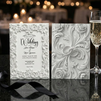 Faire-part de mariage blanc orné en faux bas-relie