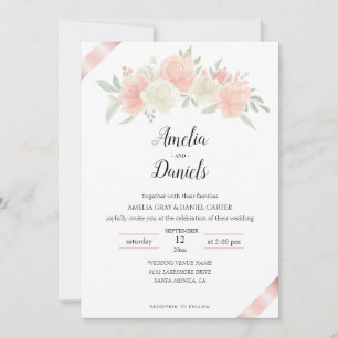 Faire-part de mariage blanc rose ruban en or rose