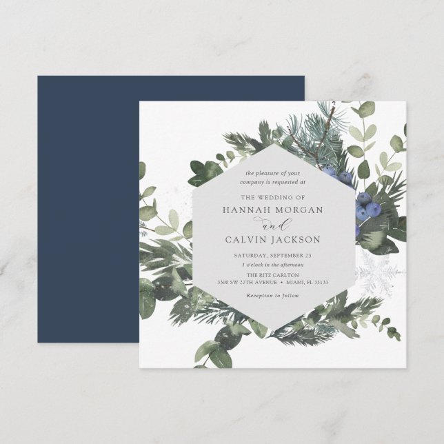 Faire-part de mariage bleu À feuillage persistant  (Devant / Derrière)