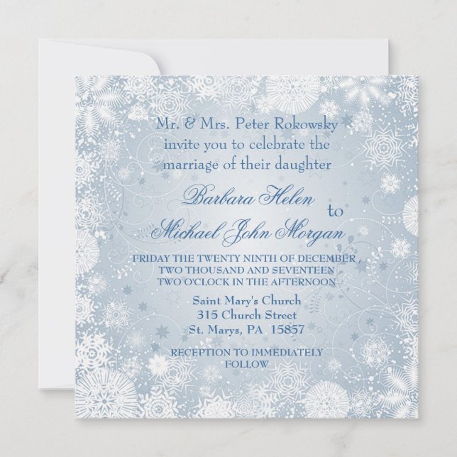 Faire-part de mariage bleu argenté à flocons blanc (Devant)