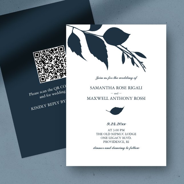 Faire-part de mariage bleu avec code QR (QR code wedding invitation botanical navy blue leaves minimalistic)