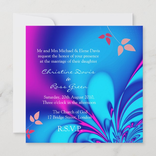 faire-part de mariage bleu de Fuchsia et de marine (Devant)