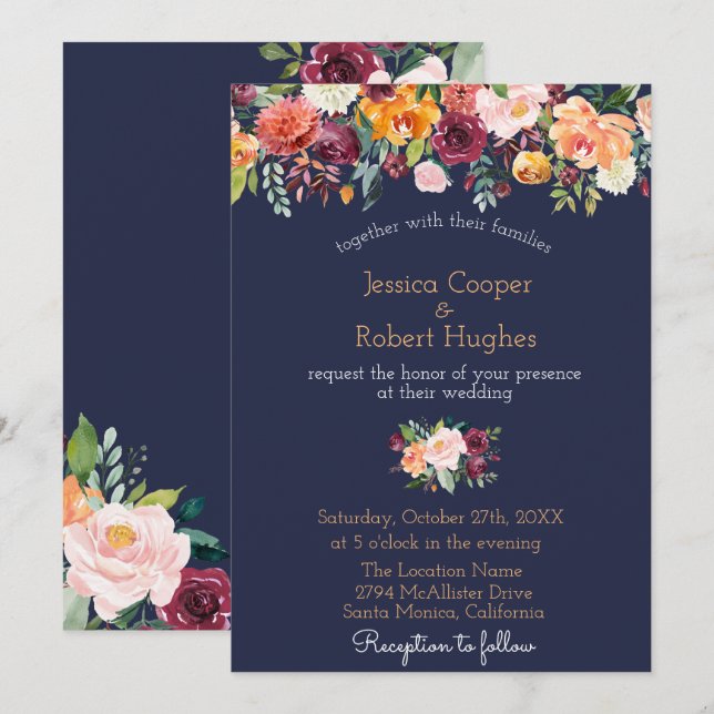Faire-part de mariage bleu de la marine florale d' (Devant / Derrière)