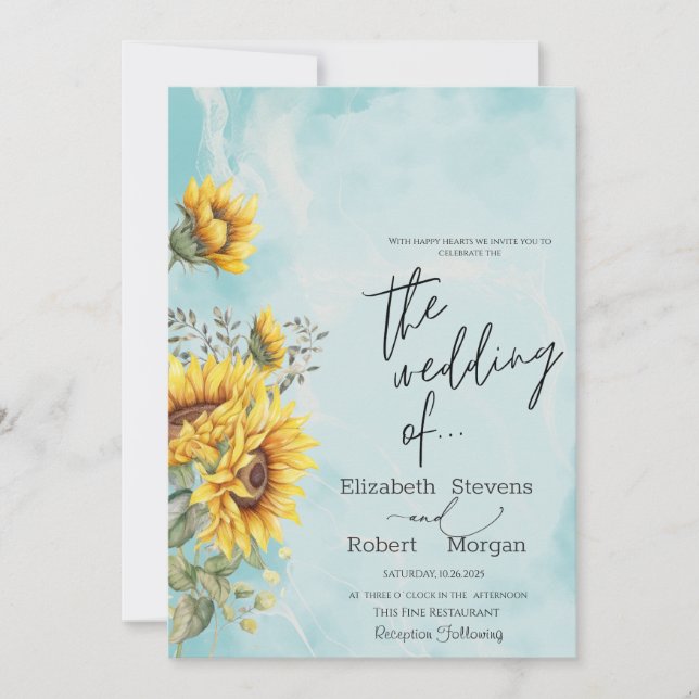 Faire-part de mariage bleu des tournesols rustique (Devant)