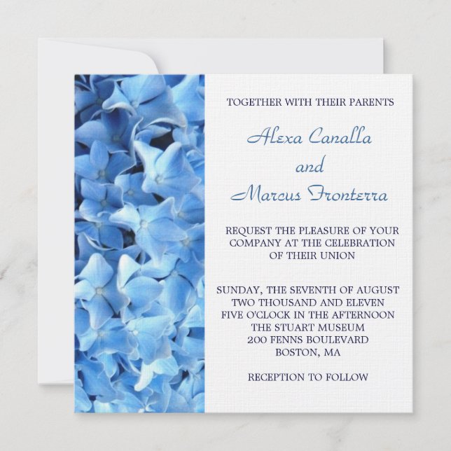 Faire-part de mariage bleu d'hortensia (Devant)