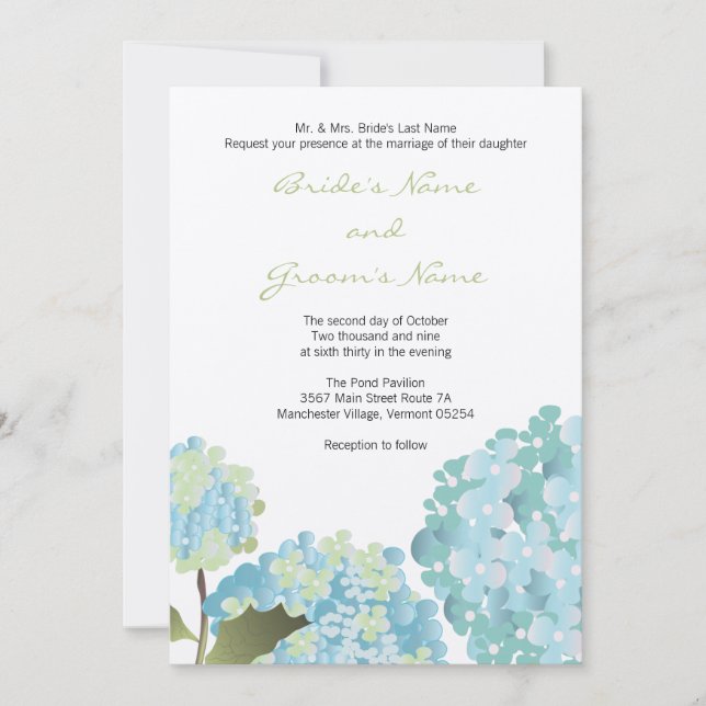Faire-part de mariage bleu d'hortensia (Devant)