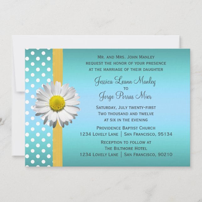 Faire-part de mariage bleu et jaune de marguerite (Devant)