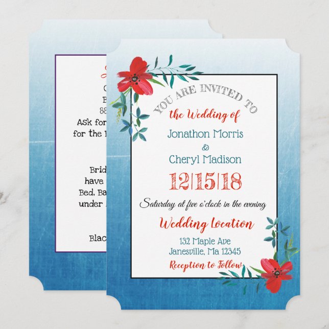 Faire-part de mariage bleu et rouge à deux côtés (Devant / Derrière)