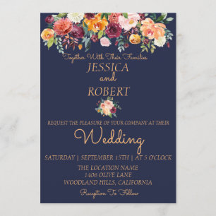 Faire-part de mariage bleu floral chic à l'aquarel