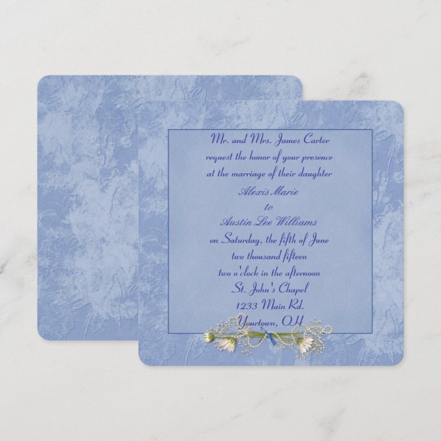 Faire-part de mariage bleu floral embouti (Devant / Derrière)