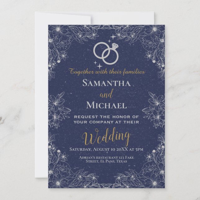 Faire-part de mariage : bleu marine, argent, rsvp, (Devant)