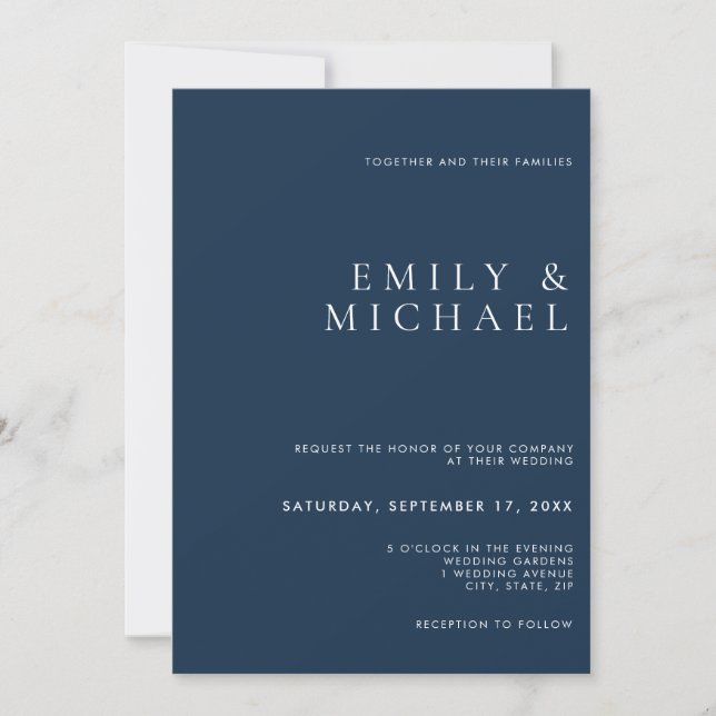 Faire-part de mariage bleu marine classique simple (Devant)