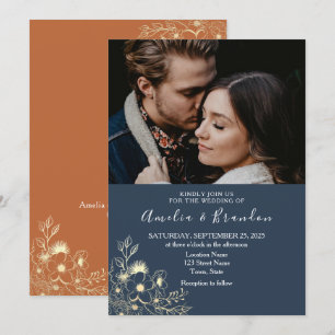 Faire-part de mariage bleu marine en dentor
