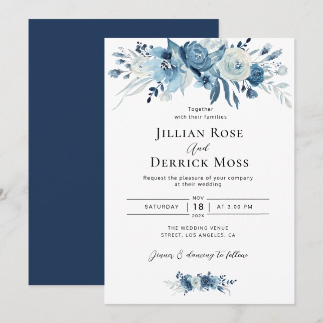 faire-part de mariage bleu marine fleurs d'aquarel (Devant / Derrière)