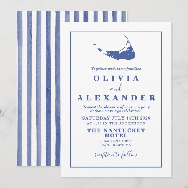 Faire-part de mariage bleu Nantucket (Devant / Derrière)