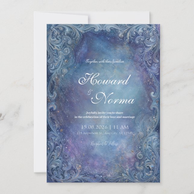 Faire-part de mariage bleu nébuleuse mystique (Devant)