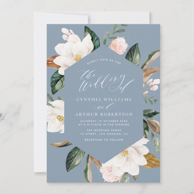 faire-part de mariage bleu poussiéreux magnolia (Devant)