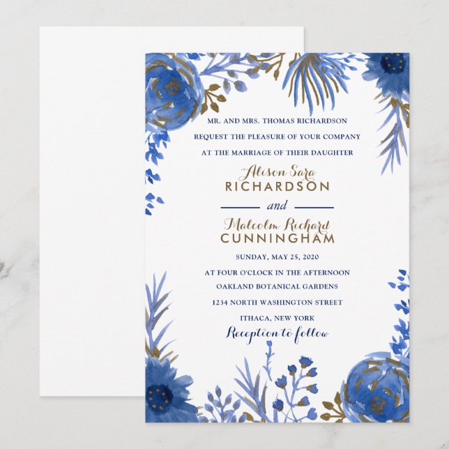 Faire-part de mariage Blue Gold Watercolor (Devant / Derrière)