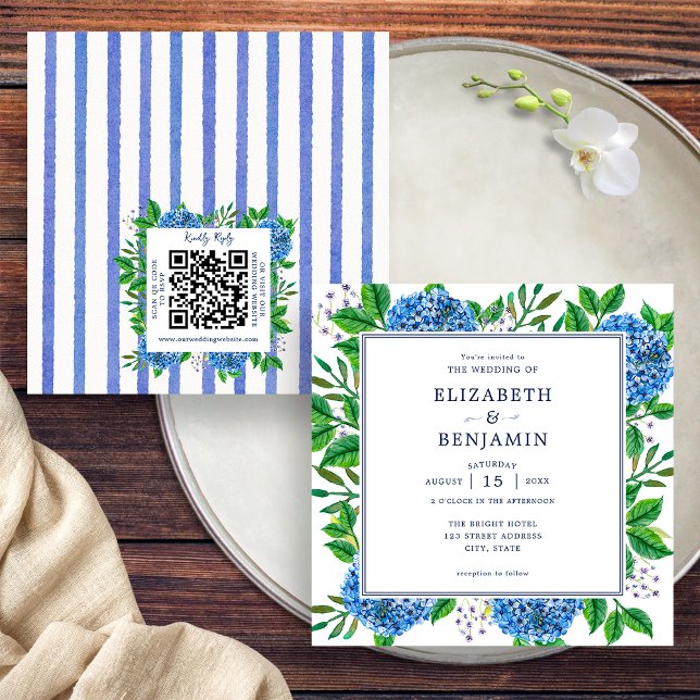 Faire-part de mariage Blue Hydrangeas avec code QR (Front / Back)